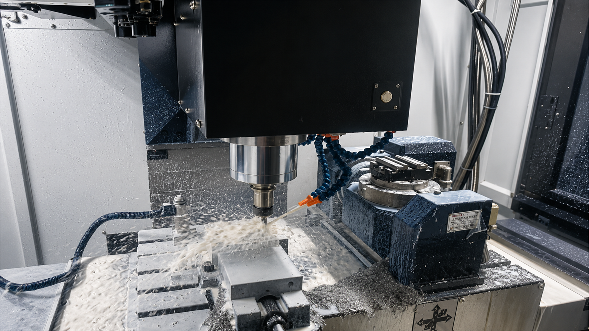 Placeholder for a CNC machine cutting a precision metal component in a working machine shop
